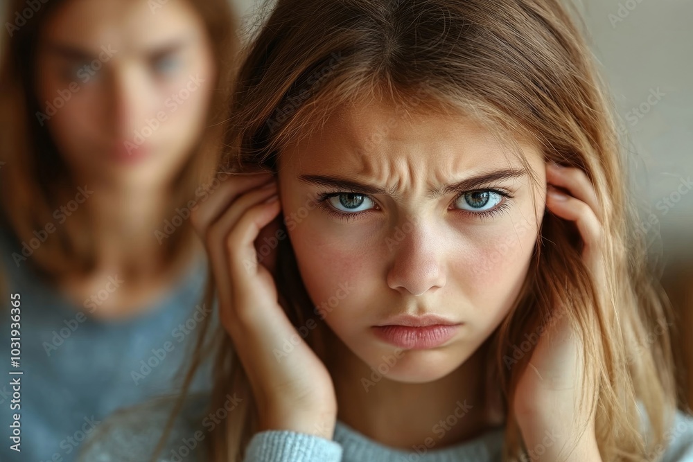 Family problems. Offended teen girl covering ears, not wanting to listen to her mother's scolding, woman having fight with her daughter, quarrelling at, Generative AI
