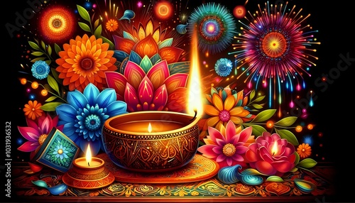 Wallpaper Mural Vibrant Diwali Celebration with Traditional Diya and Floral Patterns Torontodigital.ca