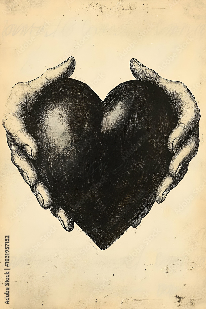 A pair of hands gently cradles a large, dark heart, symbolizing love, care, and connection in a minimalist artistic style.