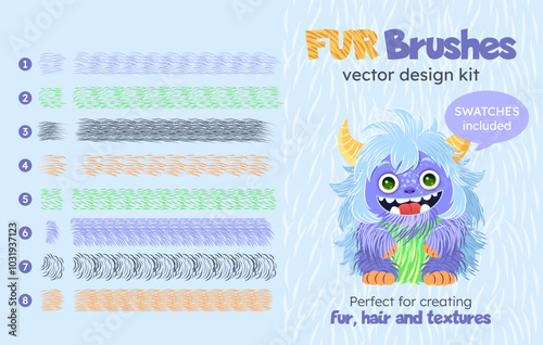 Fur brushes collection. Vector design kit with scatter brushes. Textured hand drawn strokes set for creating fur, hair, fluffy creatures, textures. Swatches included. Editable size and color.