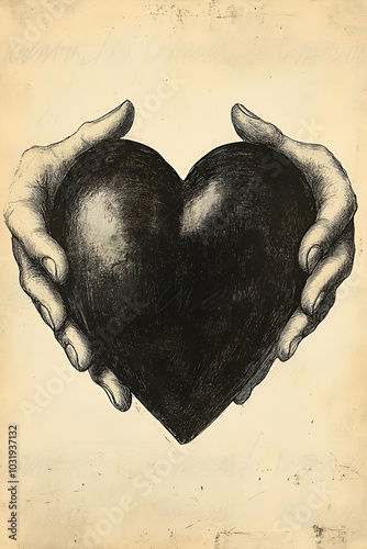 Obraz na płótnie A pair of hands gently cradles a large, dark heart, symbolizing love, care, and connection in a minimalist artistic style. w salonie
