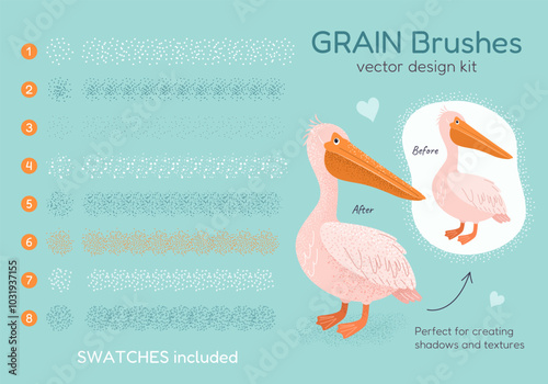Grain scatter brushes set. Abstract grunge strokes. Creative collection for noise effect, shadows, grunge textures, halftone. Swatches included. Editable size and color. Vector design kit.