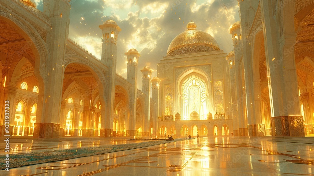 Obraz premium A grand, illuminated interior of a mosque with intricate architecture and warm lighting.