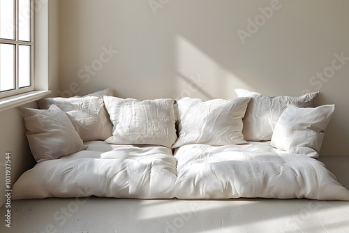 Cozy Minimalist Interior with Sunlit Cushions on a Window Seat