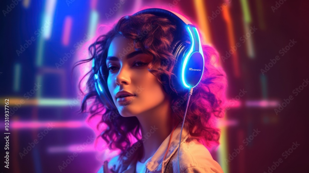 Woman with Headphones in Neon Lights Woman with Headphones in Neon Lights