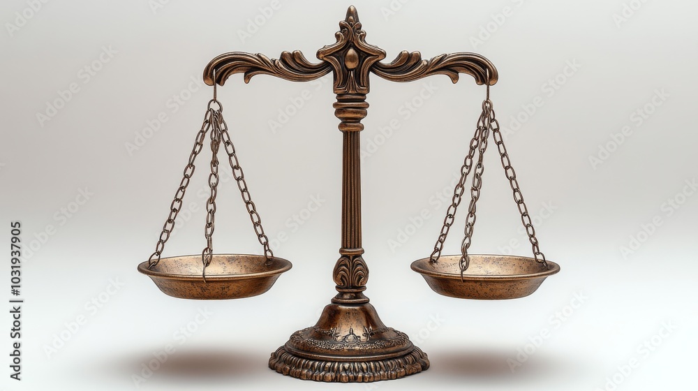 The antique balance scale stands centrally, featuring a detailed design with chains suspending two shallow bowls, symbolizing justice and equality in a neutral atmosphere. The antique balance scale stands centrally, featuring a detailed design with chains suspending two shallow bowls, symbolizing justice and equality in a neutral atmosphere.