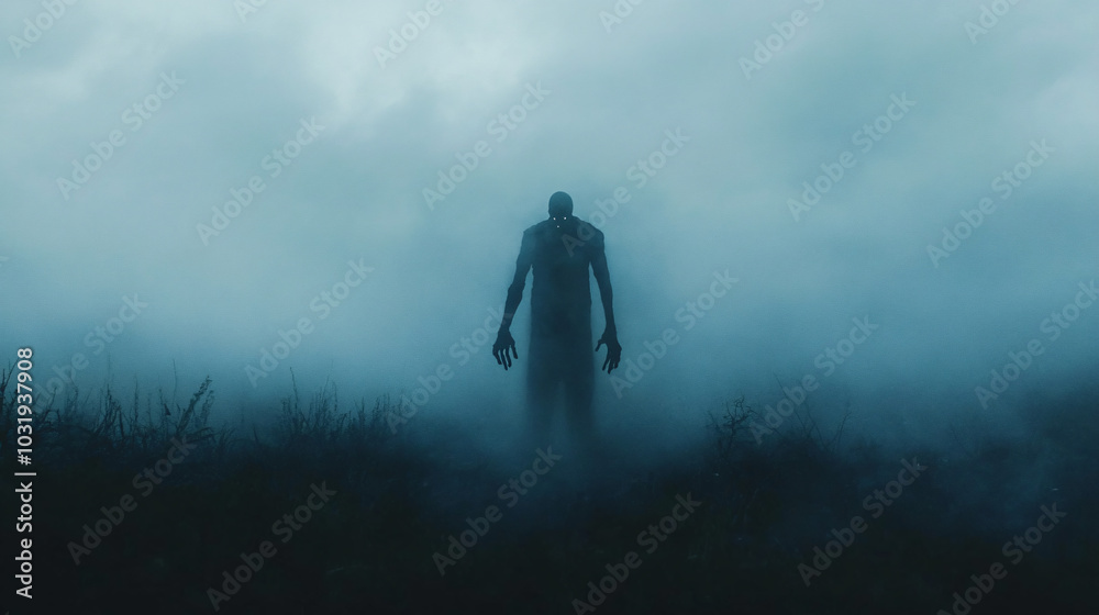 A ghostly figure emerges from the fog, beckoning with a skeletal hand. A ghostly figure emerges from the fog, beckoning with a skeletal hand.