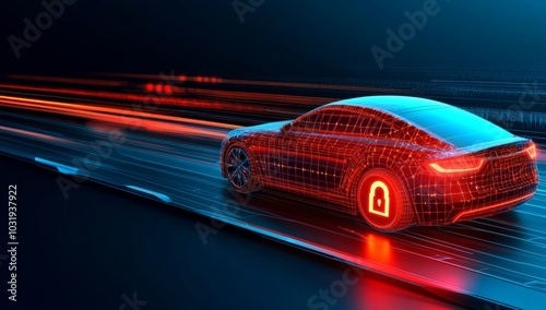 Car with an Illuminated Lock Icon Surrounded by Digital Lines Representing Technology and Security photo