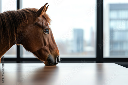 Horse head profile on table, modern setting photo