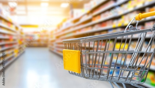 Close-Up Shot of an Empty Shopping Cart with Blurred Shelves in the Background photo