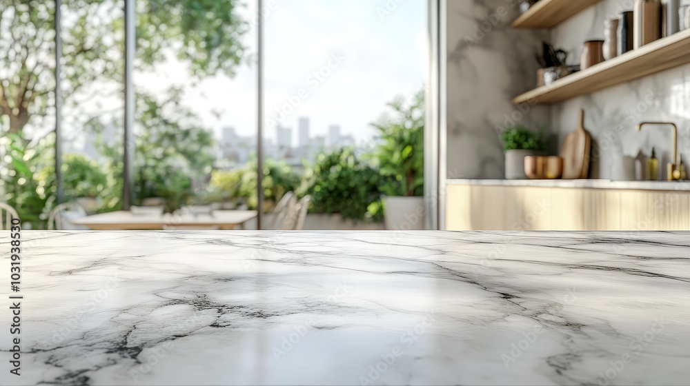 Modern Kitchen with Marble Counter and Nature View