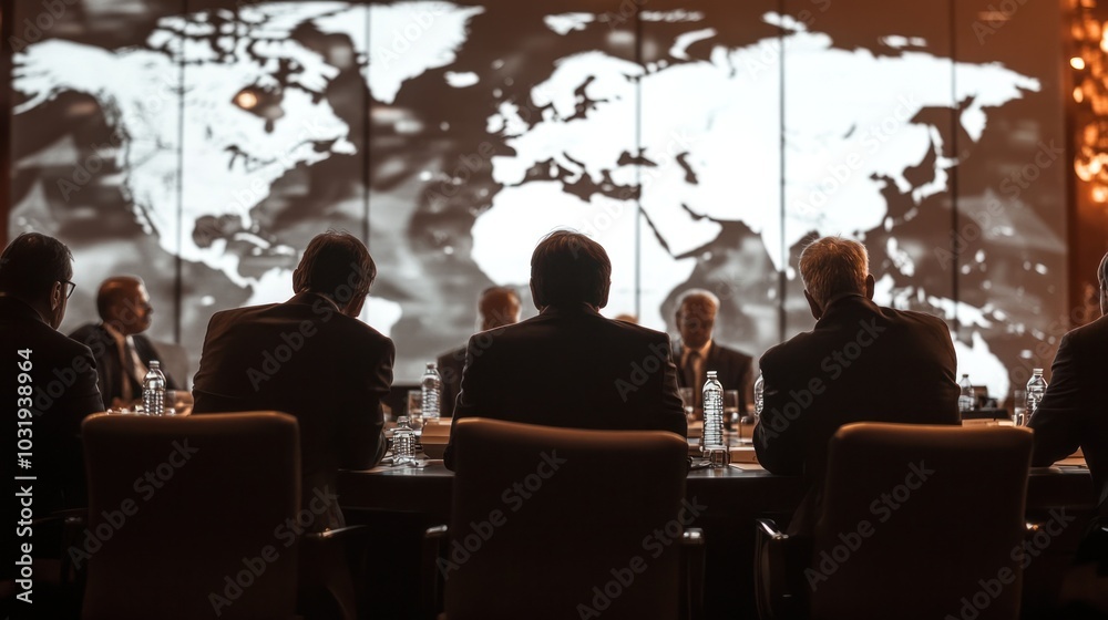 Obraz premium An international trade conference, with business leaders discussing trade agreements, global trade policies, and their impact on the global economy