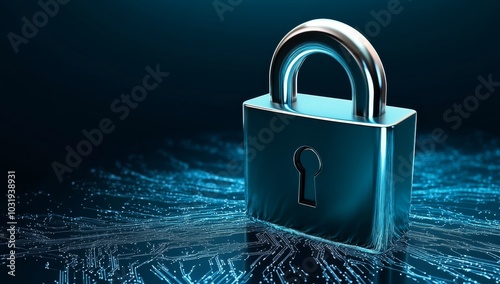 Blue Digital Background with Security Lock Symbol and Cyber Network photo