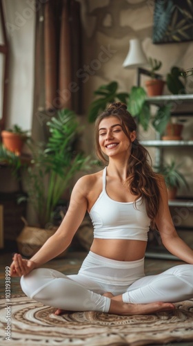 A serene image of a young woman meditating surrounded by plants in a cozy home setting, exuding peace and tranquility.