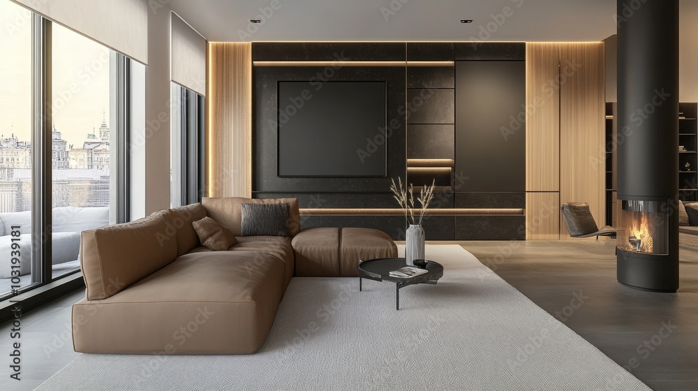 Modern Living Room Interior Design with Comfortable Sofa, Panorama Windows, and Fireplace, 3D Render Modern Living Room Interior Design with Comfortable Sofa, Panorama Windows, and Fireplace, 3D Render