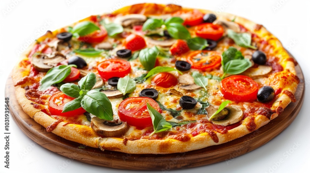 Close-up of a colorful pizza on wooden plate, topped with cherry tomatoes, olives, mushrooms, and basil. Melted cheese enhances its appetizing appeal. Close-up of a colorful pizza on wooden plate, topped with cherry tomatoes, olives, mushrooms, and basil. Melted cheese enhances its appetizing appeal.