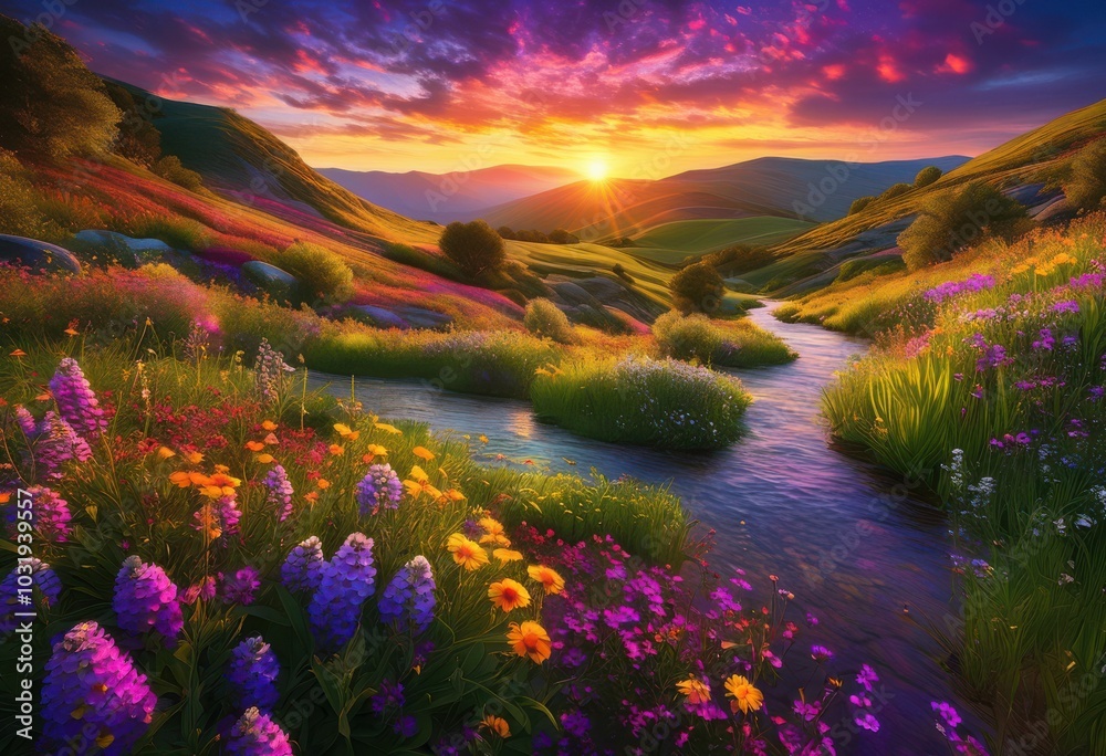 Naklejka premium vibrant landscape featuring flourishing elements nature blended harmoniously stunning scenery breathtaking colors diverse flora, artworks, landscapes