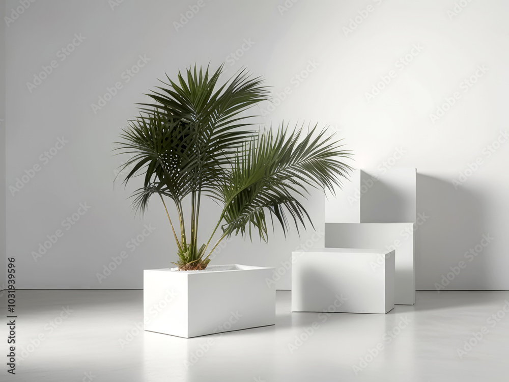 Fototapeta premium Minimalist indoor plant display on white pedestal with modern geometric shapes.