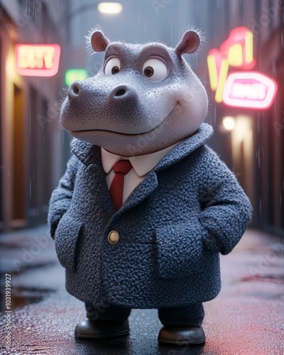 Cartoon hippo in a suit, colorful urban backdrop photo