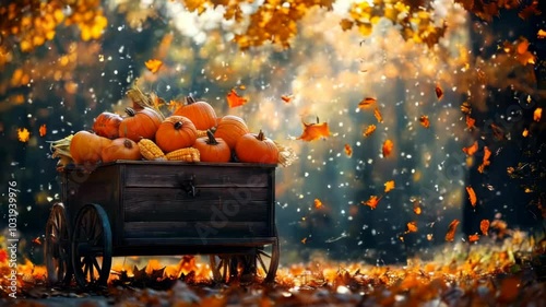 Autumn scene with a wooden cart full of pumpkins and corn, surrounded by falling leaves in a sunlit forest setting
