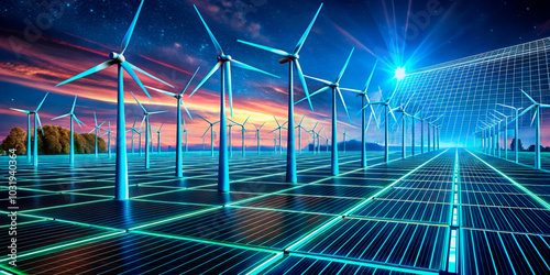 Solar panels and wind turbines in a futuristic, grid-like landscape at sunset, symbolizing renewable energy and advanced technology. Ideal for green energy campaigns, eco-friendly businesses, and sust photo