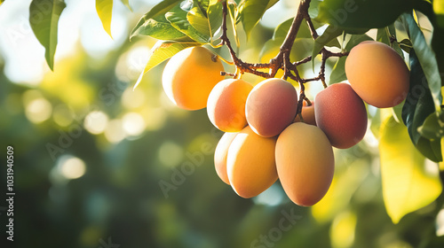 A tropical mango tree branch heavy with ripe, golden mangoes photo