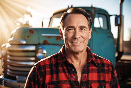 Portrait of a truck driver in a checkered shirt. photo