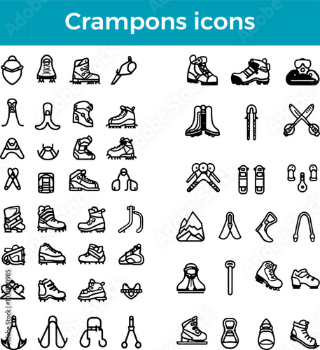 Crampons Icons Set Mountaineering Climbing Snow Gear Ice Equipment and Tools
