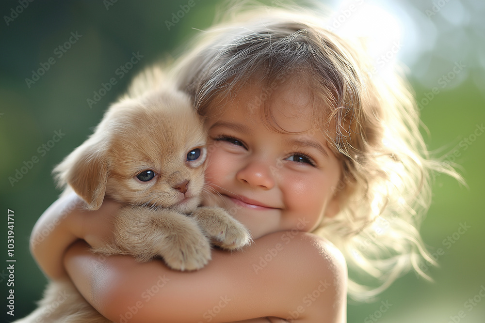 A young girl is holding a small dog in her arms A young girl is holding a small dog in her arms