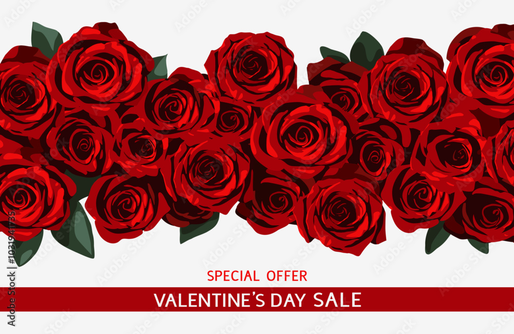 Abstract horizontal banner with red roses and leaves. Decorative floral element for frame design isolated on white background. Valentine day sale design template. Vector stock illustration