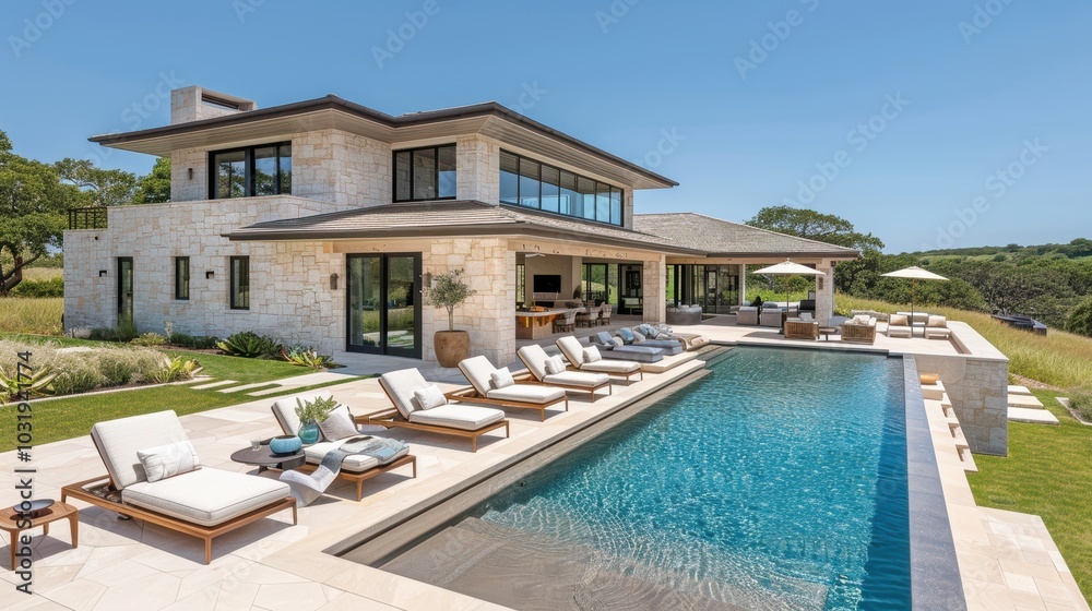 Fototapeta premium Stunning contemporary luxury villa with private outdoor pool and patio area, basking under the clear blue sky in a peaceful and elegant setting