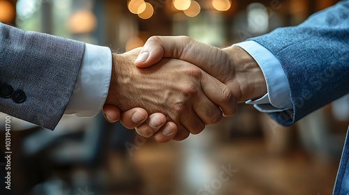 Two businessmen shaking hands in a restaurant.