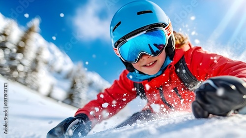 Skier racing downhill at high speed on snowy mountain slope leaving a trail of fresh powder in their wake against a scenic winter landscape