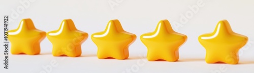 A row of five yellow stars. The stars are all the same size and shape. They are arranged in a straight line