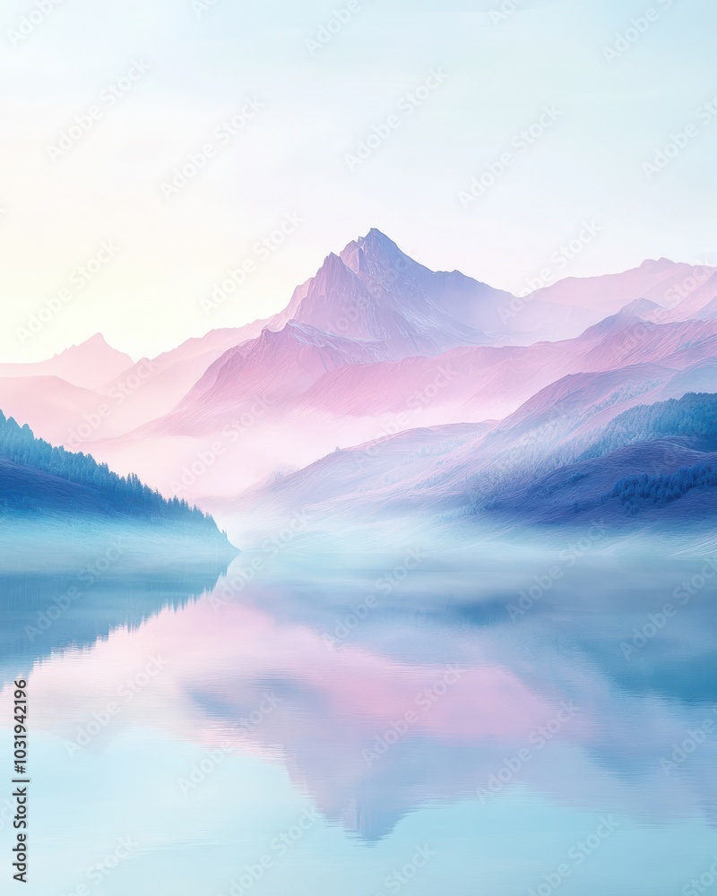 Obraz premium A mountain range with a lake in the foreground. The mountains are covered in a light blue mist