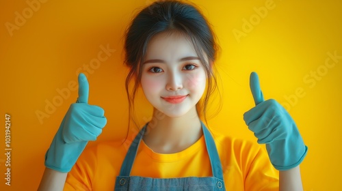 Young woman with a cheerful expression in cleaning uniform and blue gloves, who shows two thumbs up getting ready. General cleaning and tidying day photo