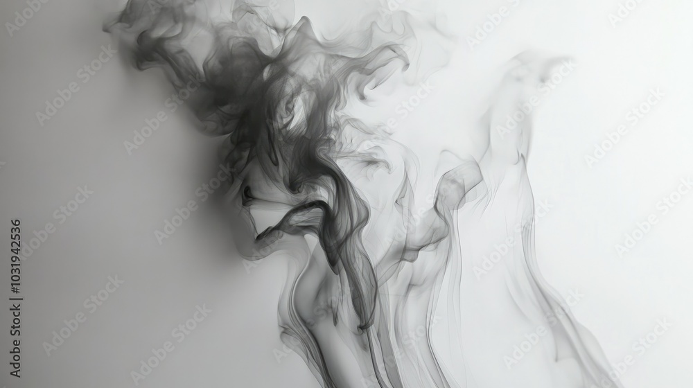 Billowing smoke captured in flowing, twisting motions on a blank white canvas, ideal for conveying a sense of calm or mystery in advertising or decor. Billowing smoke captured in flowing, twisting motions on a blank white canvas, ideal for conveying a sense of calm or mystery in advertising or decor.