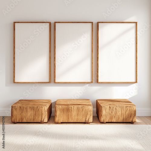 3 blank wooden frame mockups in a minimalist interior design of a modern living room 