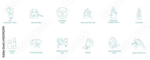 SPF, Dermal Fillers, Face Sheets, Laser Hair Removal, Facial Oil, TCA Peels, Lip Balm Stick, Carboxytherapy, Makeup Primer, Kybella, Facial Cleansing Brush, and Acne Treatment Vector Icons 