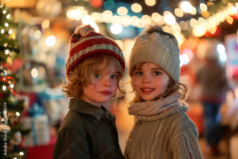 Two young children wearing hats and smiling in front of a Christmas tree Two young children wearing hats and smiling in front of a Christmas tree