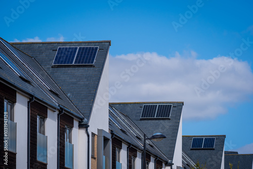 Solar energy panel on new built house roof in england uk photo