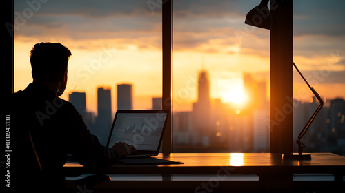 Silhouette of person working at sunset photo