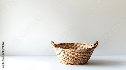 Solitary wicker basket with vintage aesthetics, showcased on a pristine white backdrop. 