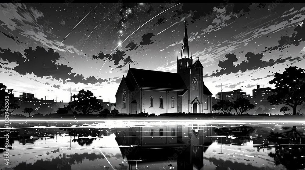 Fototapeta premium Starry Night Over Church with Gothic Architecture and Steeple
