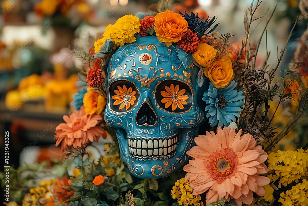 Skull Elegantly Adorned with Vibrant Flowers Skull Elegantly Adorned with Vibrant Flowers