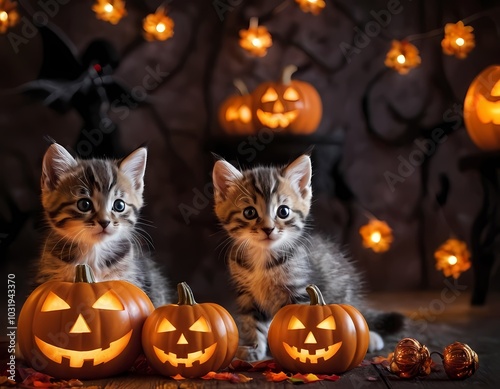 playful kittens pose with Halloween pumpkins in a festive autumn setting