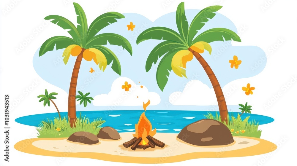 Obraz premium A tropical beach scene with two palm trees and a fire. The fire is in the foreground and the palm trees are in the background. The scene is peaceful and relaxing, with the ocean in the background