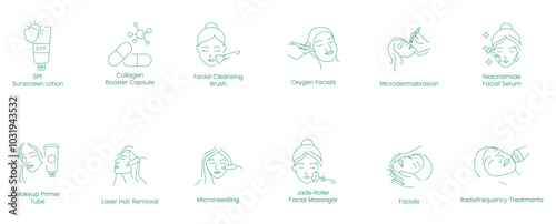 SPF, Sunscreen Lotion, Collagen Booster, Facial Cleansing, Oxygen Facials, Microdermabrasion, Niacinamide Serum, Makeup Primer, Laser Hair Removal, Microneedling, Jet Roller, Facials vector icon set