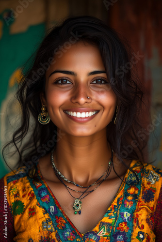 Portrait of a beautiful dark skinned Indian woman from the village