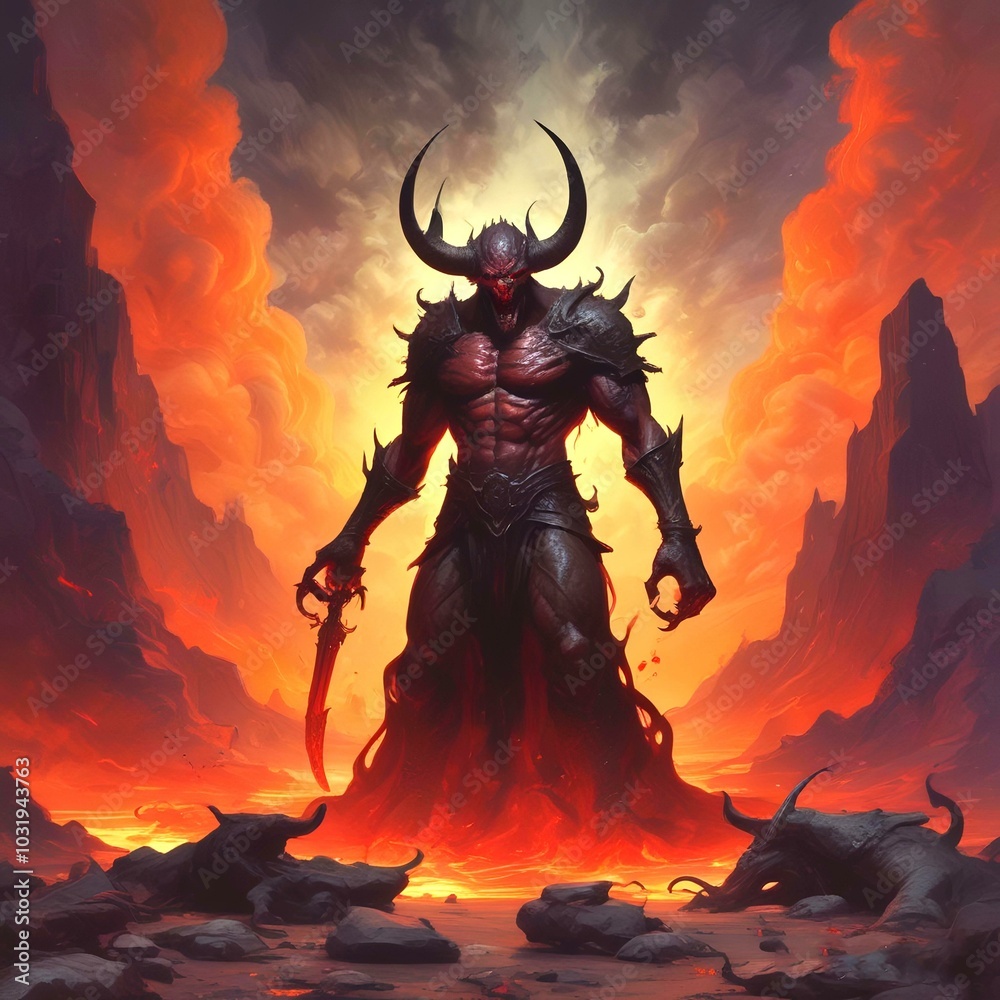 Illustraton of demon in spoky hell environment. Illustraton of demon in spoky hell environment.